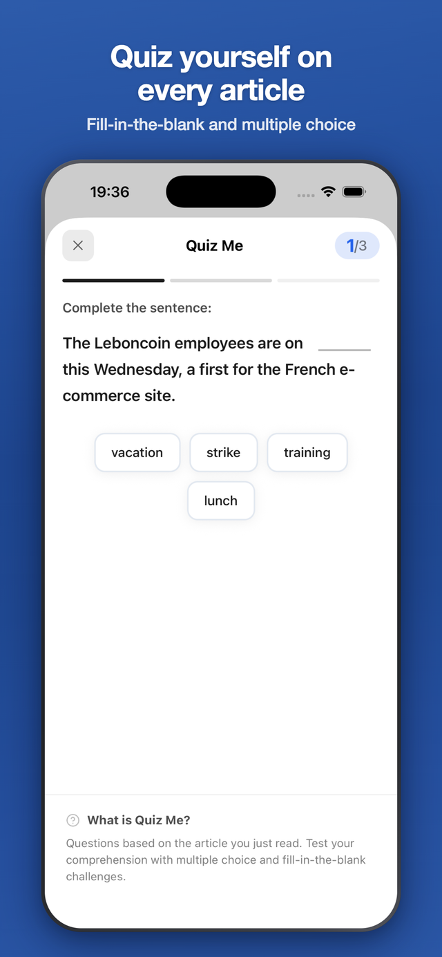 Better French Quiz Me feature testing vocabulary from French news articles